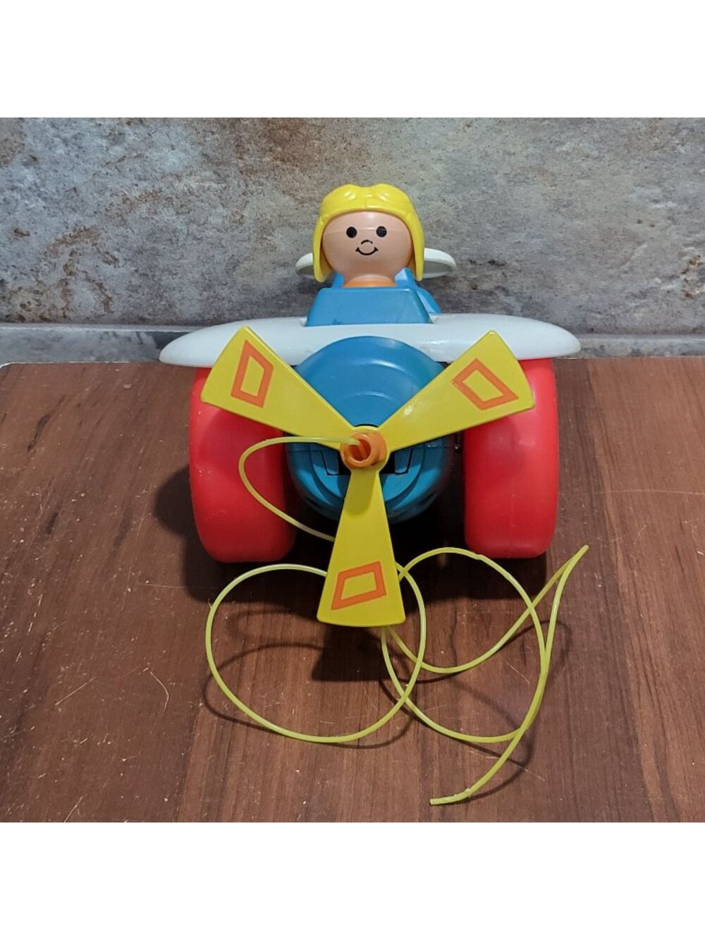 Vintage 1980 Fisher Price Pull Toy Airplane #171 Blue White Red Yellow Propeller